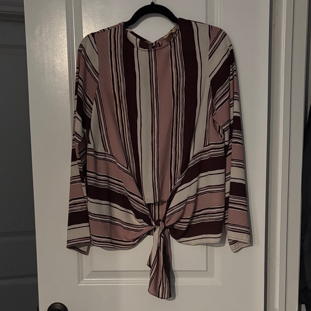 Striped Tie-Front Blouse - Pink and Brown